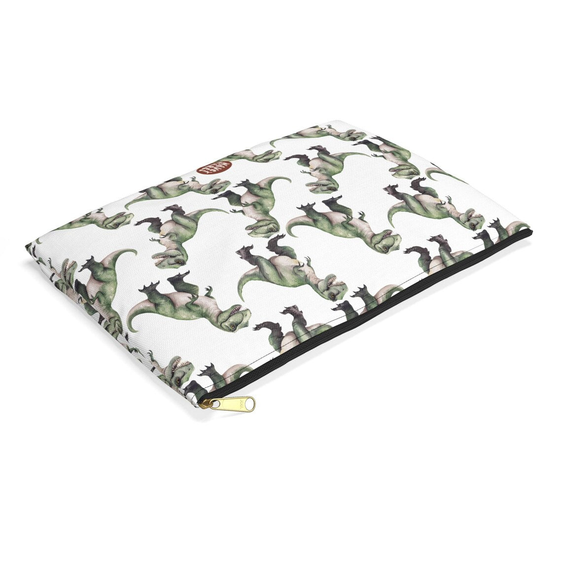 Cute T-Rex Dinosaur Pattern flat lay white Makeup zip bag gift for dino enthusiast animal lover secret santa birthday Christmas travel cosmetic drugs storage case accessory pouch Toiletry pencil waveywares wavey wares wavywares wavy wares