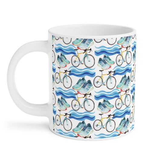 Cute Triathlon Watercolor Pattern 20oz white funny large coffee mug gift for triathlete enthusiast lover endurance multisport race swimming cycling running sporty aesthetic birthday secret santa Christmas waveywares wavey wares wavywares wavy wares