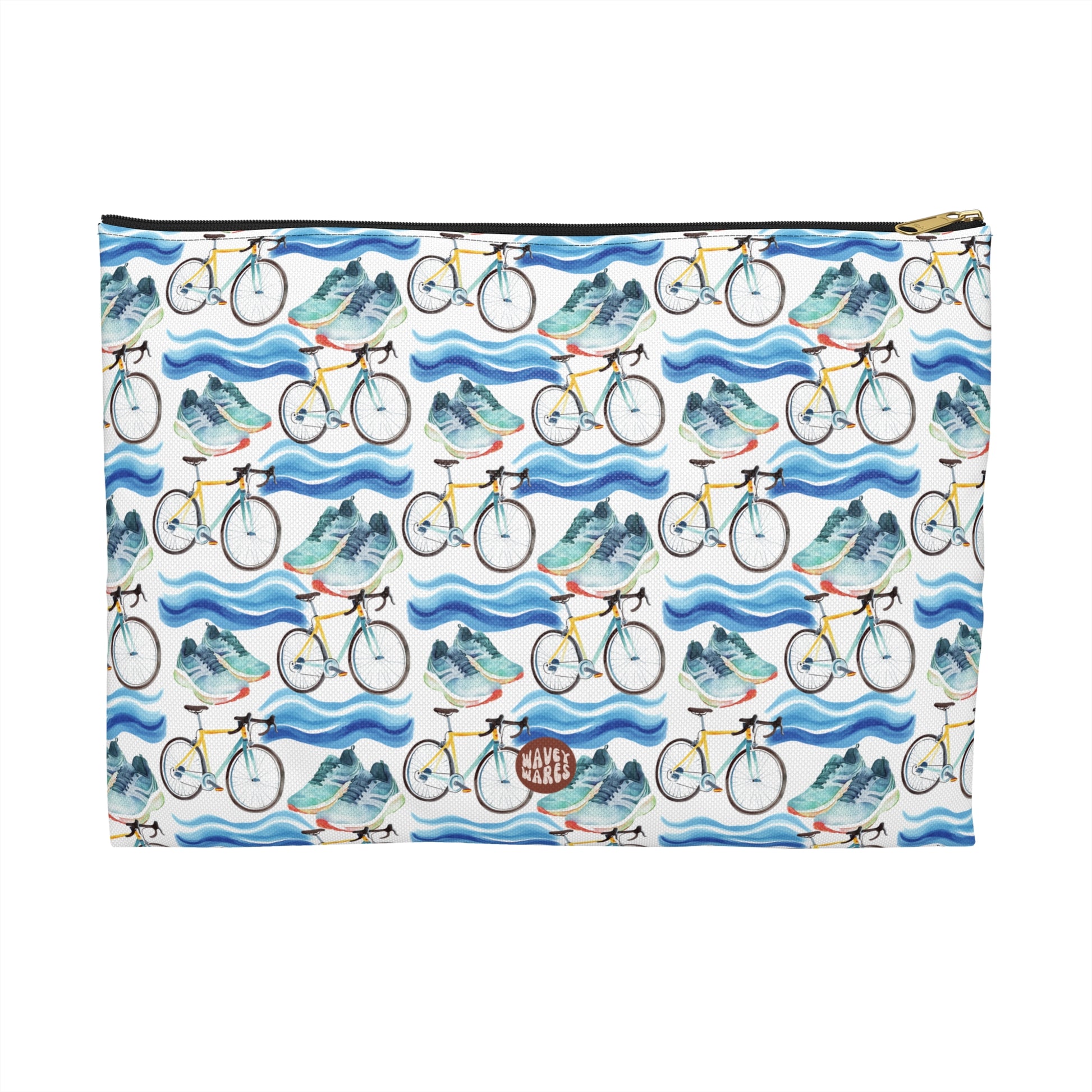 Cute Triathlon Pattern Flat white travel zip bag gift for triathlete enthusiast lover endurance multisport race swimming cycling running sporty aesthetic birthday secret santa Christmas toiletry makeup drugs storage case accessory pouch cosmetic pencil waveywares wavey wares wavywares wavy wares