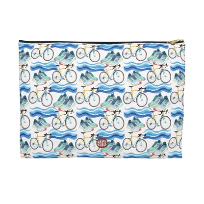 Cute Triathlon Pattern Flat white travel zip bag gift for triathlete enthusiast lover endurance multisport race swimming cycling running sporty aesthetic birthday secret santa Christmas toiletry makeup drugs storage case accessory pouch cosmetic pencil waveywares wavey wares wavywares wavy wares