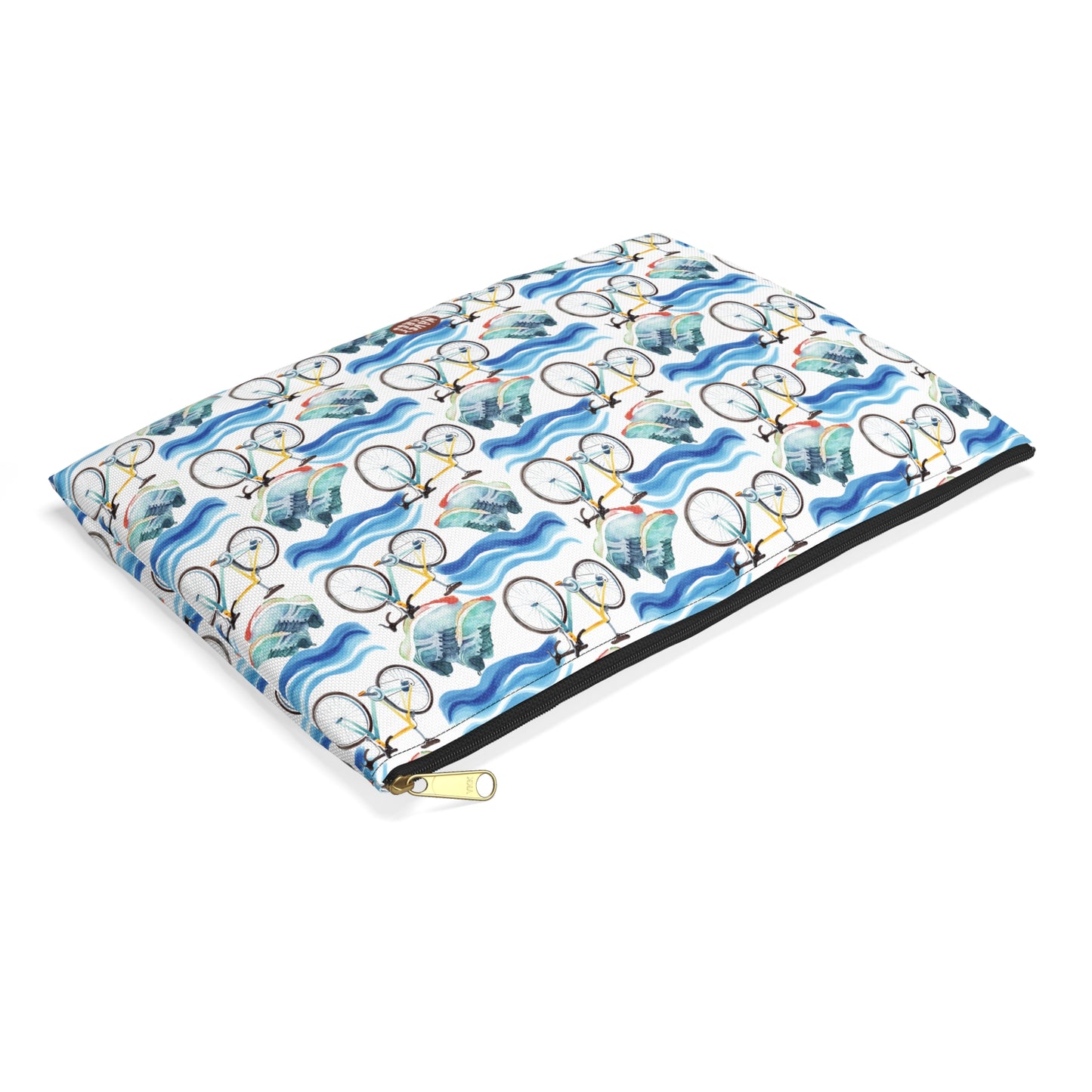 Cute Triathlon Pattern Flat lay white travel zip bag gift for triathlete enthusiast lover endurance multisport race swimming cycling running sporty aesthetic birthday secret santa Christmas toiletry makeup drugs storage case accessory pouch cosmetic pencil waveywares wavey wares wavywares wavy wares