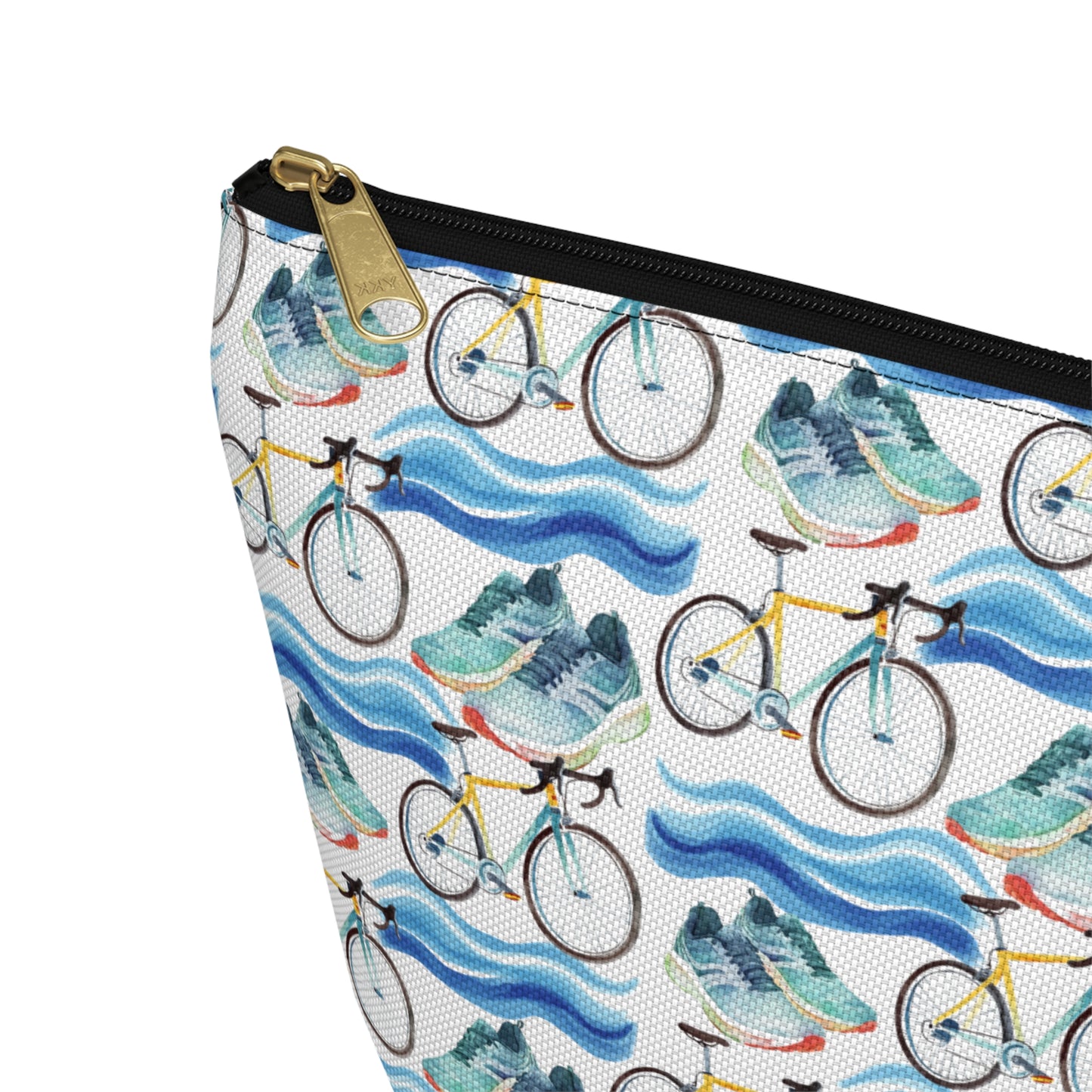 Cute Triathlon Pattern zipper white travel zip bag gift for triathlete enthusiast lover endurance multisport race swimming cycling running sporty aesthetic birthday secret santa Christmas toiletry makeup drugs storage case accessory pouch cosmetic pencil waveywares wavey wares wavywares wavy wares