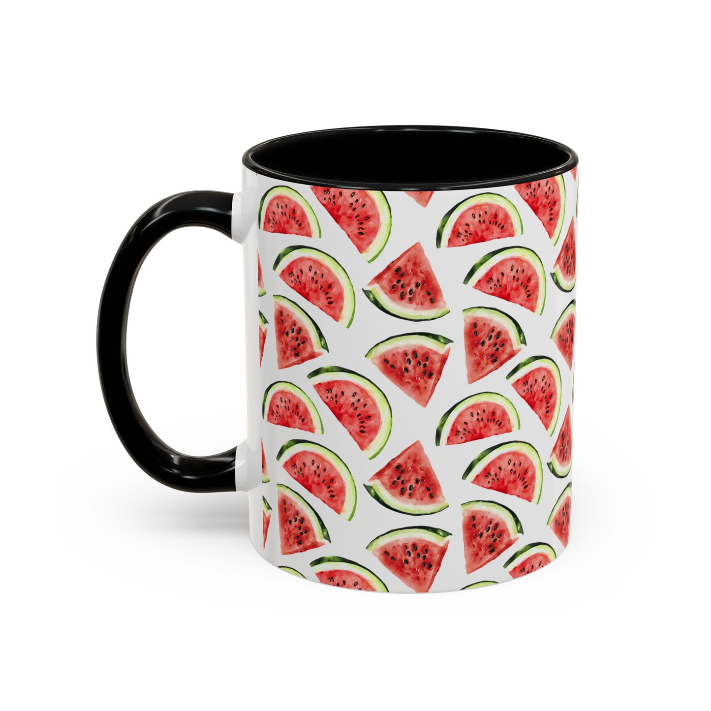 Cute Watermelons Watercolor Pattern 11oz white with black accent funny large coffee mug gift for watermelon enthusiast fruit lover healthy aesthetic birthday secret santa Christmas waveywares wavey wares wavywares wavy wares