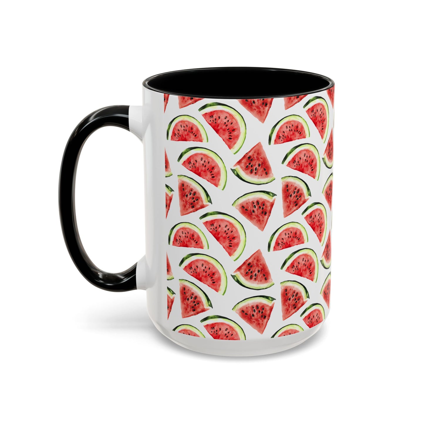 Cute Watermelons Watercolor Pattern 15oz white with black accent funny large coffee mug gift for watermelon enthusiast fruit lover healthy aesthetic birthday secret santa Christmas waveywares wavey wares wavywares wavy wares