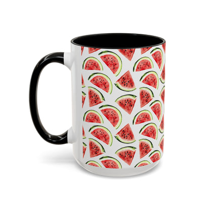 Cute Watermelons Watercolor Pattern 15oz white with black accent funny large coffee mug gift for watermelon enthusiast fruit lover healthy aesthetic birthday secret santa Christmas waveywares wavey wares wavywares wavy wares