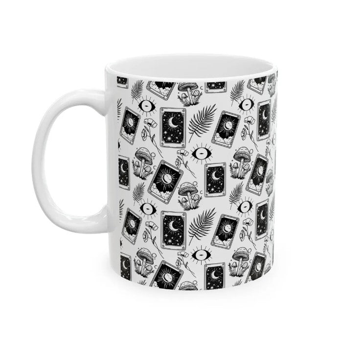 Cute Witchy Tarot Watercolor Pattern 11oz white funny large coffee mug gift for witch witchcraft halloween cards aesthetic gothic her waveywares wavey wares wavywares wavy wares