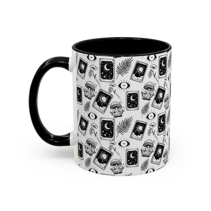 Cute Witchy Tarot Watercolor Pattern 11oz white with black accent funny large coffee mug gift for witch witchcraft halloween cards aesthetic gothic her waveywares wavey wares wavywares wavy wares