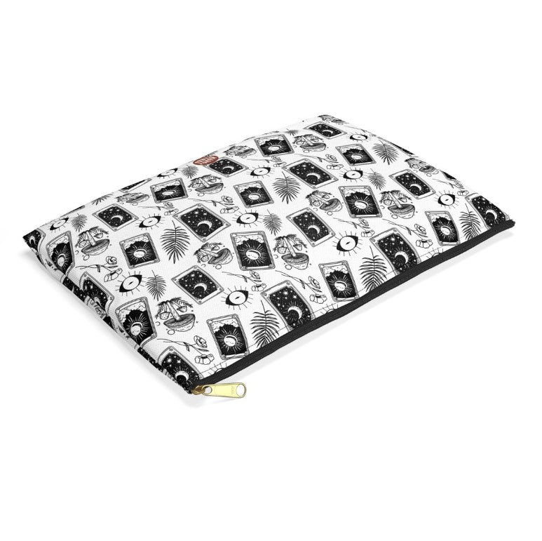 Cute Witchy Tarot Pattern flat lay white travel zip bag gift for her witch witchcraft halloween aesthetic gothic cards goth makeup toiletry drugs storage case accessory pouch cosmetic pencil waveywares wavey wares wavywares wavy wares