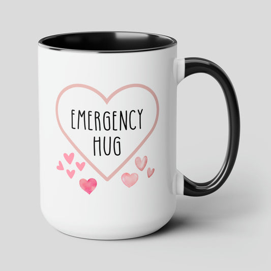 Emergency Hug 15oz white with black accent funny large coffee mug gift for mental health comforting uplifting encouraging anxiety pocket waveywares wavey wares wavywares wavy wares cover